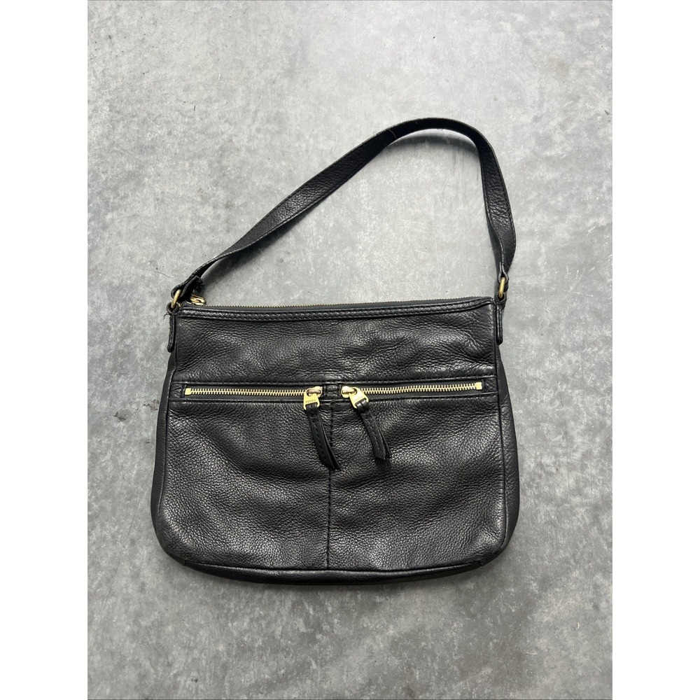 Fossil Elise Double Zip Black Pebbled Leather Large Crossbody Shoulder Bag Purse